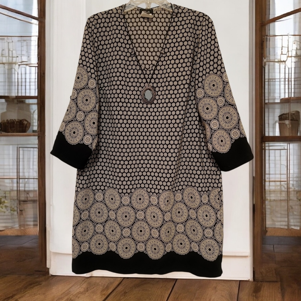 US12🖤Bali Black and Cream Patterned Midi Dress